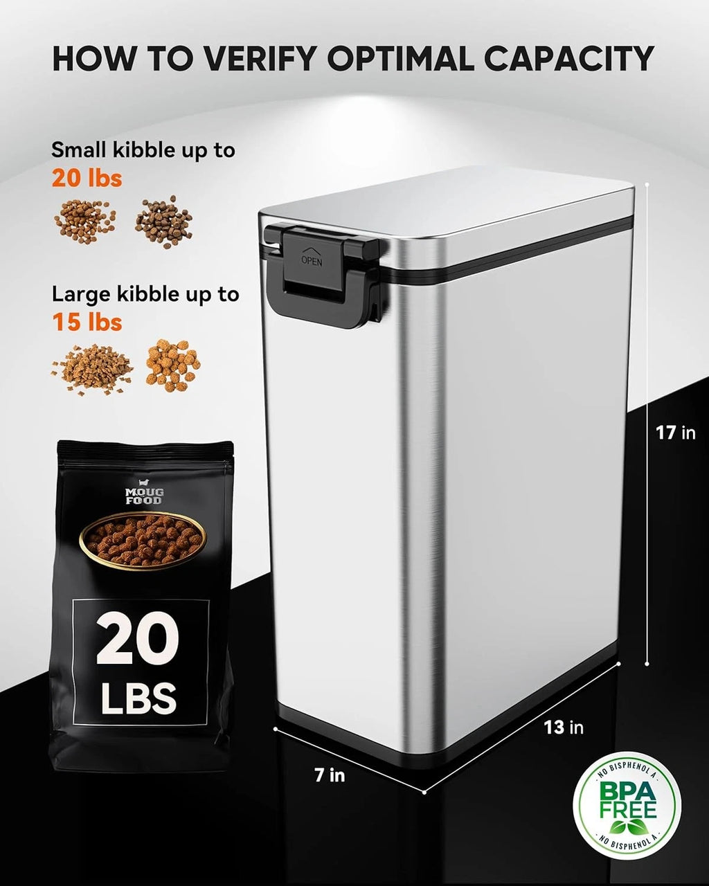 Stainless Steel Dog Food Storage Container 20 LB / 15 LB Dry Pet Food