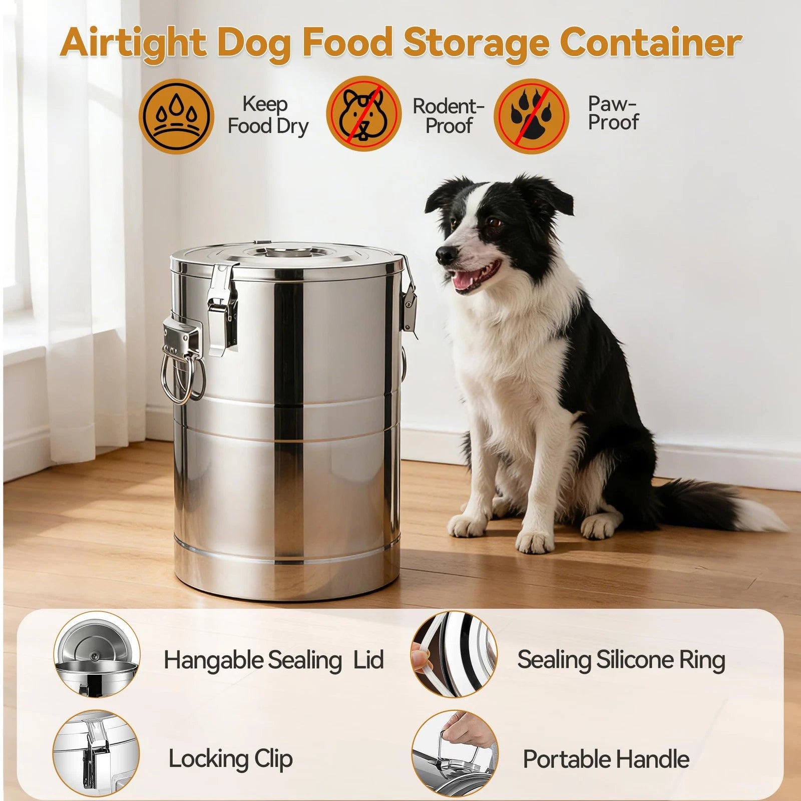 35 Lbs Stainless Steel Dog Food Storage Container, Large Airtight Pet Food St...